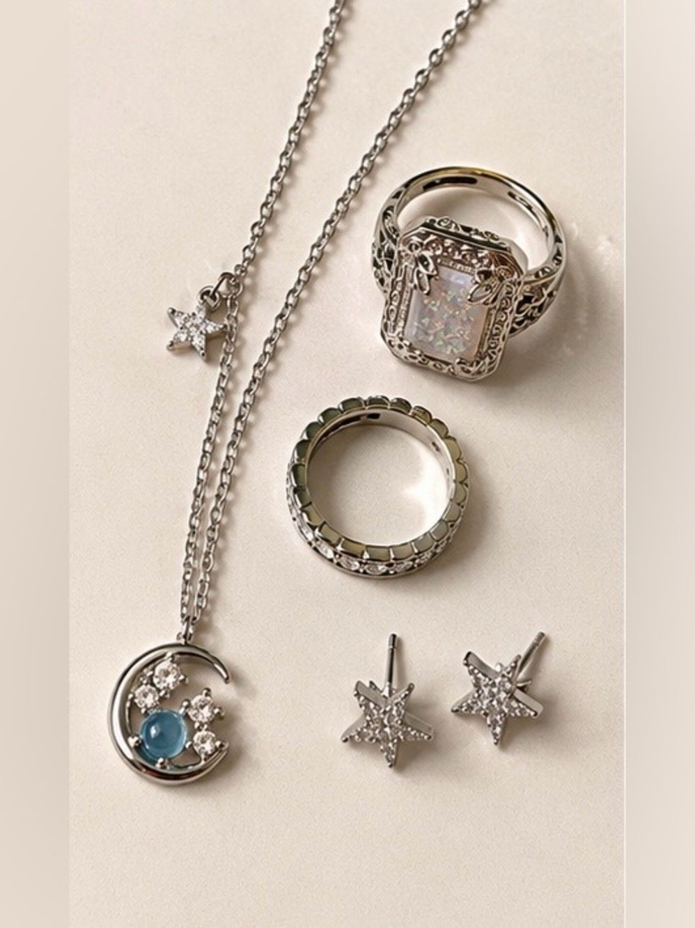 ✨🌙 Sterling Silver Moon & Star .925 Necklace, 2 CZ Rings & Star Stud earrings ✨